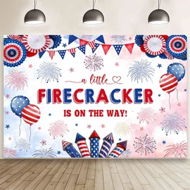 MEHOFOND 7x5ft 4th of July Firecracker Baby Shower Backdrop A Little Firecracker is On The Way Photography Background Independence Day Baby Shower Decor Patriotic Red White and Due Banner Photo Props