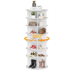 ISXACFF Rotating Shoe Rack 7 Tiers 360° Spinning Shoe Cabinet - Bottom Heightened for High Boots, Revolving Storage Tower Lazy Susan Shoe Organizer Display for Bedroom Entryway-White, 28 Pairs