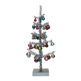 Creative Co-Op Tinsel Tree with Glass Ornaments and Wood Base, Silver