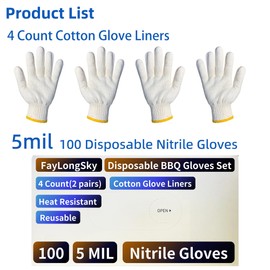 FayLongSky BBQ Gloves Disposable Heat Resistant - 4 Reusable Cotton Liners & 100 Nitrile Gloves for Barbecue Smoker, Grilling, Cooking Hot Meat, Food Prep - 5Mil, Non-Slip Grip, Black Large