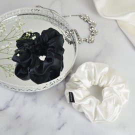 OFFTOPIC® 2 Pieces Pure Silk Scrunchies for Broken Hair and Traces on Hair Scrunchies Silk Scrunchies Elegant Accessory Oeko-Tex Certified White and Black