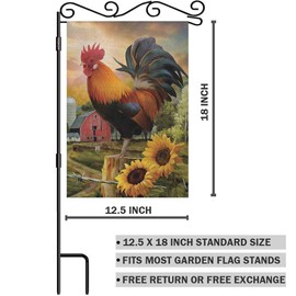 AOYEGO Crowing Rooster Garden Flag Small Vertical Double Sided 12.5 x 18 Inch Standing in the Sunflower Field with Farm Background Burlap Yard Outdoor Decor