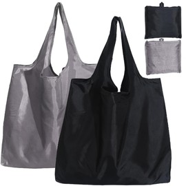 Aieino Foldable Shopping Bags 2PCS - Reusable Shopping Bag Folding in a Pouch Water-resistant Washable Large Grocery Bags Shopping Tote Heavy Duty for Daily Outdoor Women Men(Black, Grey)