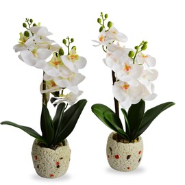 CLOVERIZ Artificial Orchid Plants with Pots, White Phalaenopsis, Set of 2, Decorative Stone Planters