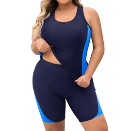 Daci - Traje de baño tankini para mujer, talla grande, protector de erupción de dos piezas con pantalones cortos capris y traje de baño deportivo con espalda cruzada, Black&blue1, 22 Plus