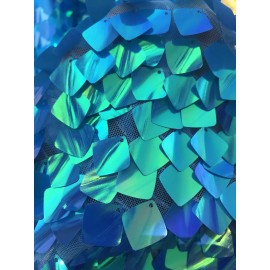 NEW CREATIONS FABRIC AND FOAM INC TURQUOISE IRIDESCENT SEQUINS-DRAGON SCALES EMBROIDER ON A MESH-SOLD BY THE YARD.