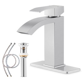 Bathroom Sink Faucet, Herogo Brushed Nickel Stainless Steel Waterfall Bathroom Faucet with Pop-up Drain, Single Handle Sink Faucet with Deck Plate for 1 or 3 Hole RV Bathroom Vanity Lavatory Sinks