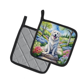 Caroline's Treasures Great Pyrenees Spring Path Pair of Pot Holders Kitchen Heat Resistant Pot Holders Sets Oven Hot Pads for Cooking Baking BBQ, 7 1/2 x 7 1/2