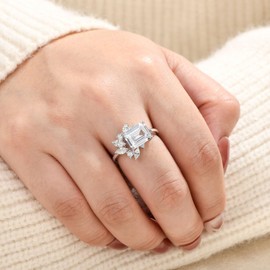 Wuziwen East To West Ring Emerald Cut Solitaire Ring Wedding Engagement Ring for Women 925 Sterling Silver CZ Size 9