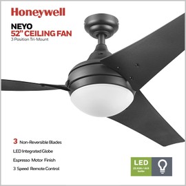 Honeywell Ceiling Fans Neyo - 52-in Indoor Fan - Contemporary Room Fan with Light and Remote Control - LED Ceiling Fan with High Performance Blades - Modern Ceiling Fan - Model 51800 (Espresso)