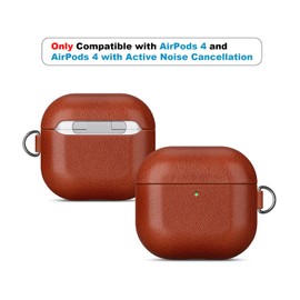 Haobobro Earphone Leather Case - for AirPods 4 / AirPods 4 with Active Noise Cancellation, Handcrafted Leather Case with Carabiner, Protective Hard Cover for AirPods 4th Generation - Brown