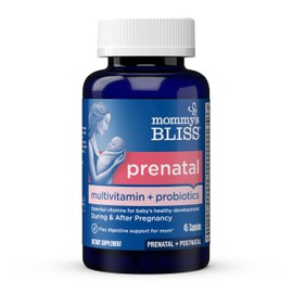 Mommy's Bliss Prenatal Multivitamin + Probiotic for Women w/ Folic Acid, Supports Baby Development & Mom's Digestion w/ Zinc, Vitamin B6 & B12, Ginger & Choline, Vegan & Gluten Free (45 Servings)
