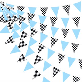 32Ft Blue Black White Checkered Race Car Fabric Bunting Banner Racing Car Party Decorations Triangle Flag Pennant Garland Streamers for Kids Boy Birthday Baby Shower NASCAR Theme Party Outdoor Decor