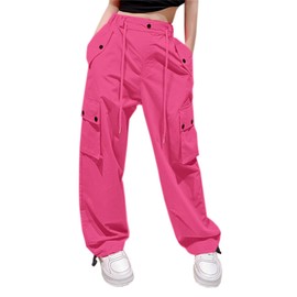 Cromoncent Womens High Waist Parachute Pants Y2K Cargo Trousers with Pockets, 1#Rose red, S