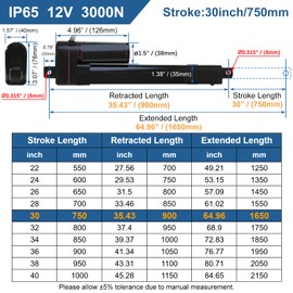 JQDML 12V Heavy Duty Linear Actuator - 30 Inch Stroke, 660lbs/3000N, 0.2"/s Speed, IP65 Waterproof with Mounting Brackets, for Cabinet, Window/Door Opener, Solar Tracker, Marine & RV Equipment