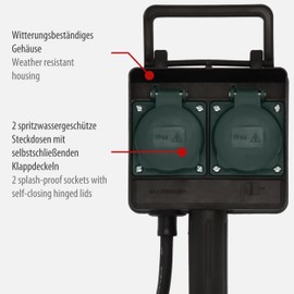 Brennenstuhl Garden Socket / Outdoor Socket 2-Way with Ground Spike (Weatherproof Plastic, Socket for Outdoor Use with Waterproof Housing, 1.4 m Cable) Black.
