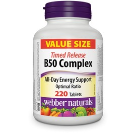 Webber Naturals Vitamin B50 Complex, Timed Release, 220 Tablets, Supports Energy Production and Metabolism, Gluten Free, Non-GMO, Vegan