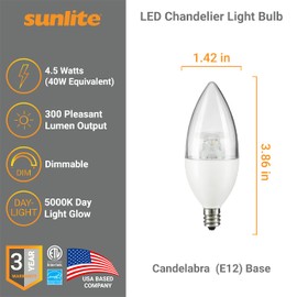 Sunlite LED B11 Clear Torpedo Tip Chandelier Light Bulb, 4.5 Watts (40W Equivalent) 300 Lumens, Candelabra E12 Base, Dimmable, ETL Certified, 5000K Daylight, 6 Count