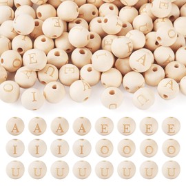 PandaHall 100pcs Round Wood Alphabet Beads Unfinished Wooden Loose Beads with Vowel Letter A/E/I/O/U for DIY Bracelet Jewellery Making