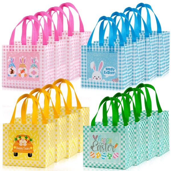 Whaline 16 Pack Easter Reusable Gift Bag Rabbit Buffalo Plaids Tote Bags with Handles Non-Woven Grocery Shopping Foldable Bag Easter Bunny Egg Gnome Party Treat Bag Goodie Bag for Egg Hunt Game