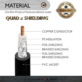 Conext Link RG6 Quad Shield Coaxial Cable F Connector 18 AWG 3GHZ 75 Ohm Sat TV (12FT, Black) （33004）