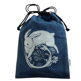 Edo-Ten Shingen Bag, Together Bag, 100% Cotton, Sashiko Fabric, Drawstring Bag, Goshuin Bookbag, Inner Pocket, Men's, Women's, Discharge Pattern, 046 Rabbit and Hinamatsuki Navy