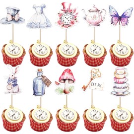40 pezzi Alice nel Paese delle Meraviglie decorazioni per torte, tè party, cupcake topper, farfalla, fiore, conchiglia, chiave, orologio, mangiami, decorazione per torte per baby shower, compleanno