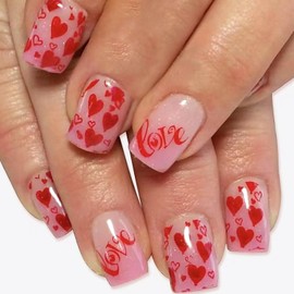 Press on Nails Medium Square Fake Nails Red Heart Acrylic Nails Pink Ombre Translucent Artificial False Nails Letter Designs Stick on Nails for Women 24 Pcs