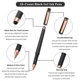 Linbsunne Black Gel Pens 0.7mm Medium Point Pen Office Pens 2-in-1 Stylus Pens for Touch Screens Gel Ink Rollerball Pens for Writing (18 Pack-grey)