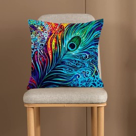 KUNQIAN Cushion Cover Peacock Gift for Women Feather Blue Olive Pillow Cover Decor for Home Livingroom Couch Bed Sofa Decorate Throw Pillow Case 18"x18"