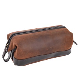 Vintage Toiletry Wash Bag Real Leather Travel Pouch Shaving Kit Cash Brown