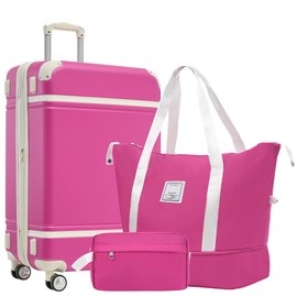 Pink 24-Inch Vintage Suitcase Set with Spinner Wheels and TSA Lock - Lightweight ABS Luggage