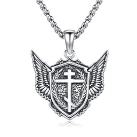 SIMONLY Eastern Orthodox Cross Necklace S925 Sterling Silver Angel Wing Shield of Faith Necklace Religious Amulet Jewelry Gifts for Men