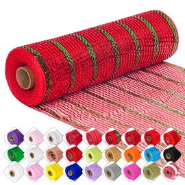 Deco Mesh Ribbon - 10inch x 30 feet Each Roll Metallic Foil Mesh Ribbon for Christmas, Valentine's Easter Wreath and Home Decorating(Red and Green-Stripe Wide)