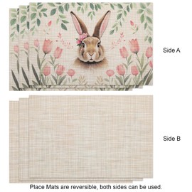 Banchif Washable Double-Sided Placemats, Set of 6, Flowers Cartoon Rabbit Table Decoration, Easter, Spring, Banquet Placemats, Holiday Decorative Placemats, Seasonal Place Mats, Beige