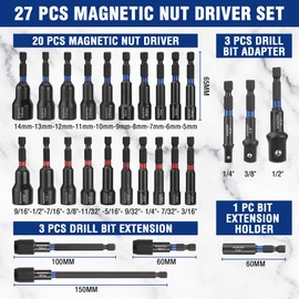 WORKPRO 27 PCS Magnetic Nut Driver Set, Impact Drill Driver Bit 1/4" Hex Shank, SAE & Metric Cr-V Steel Power Nut Drivers with Quick-release Extensions, Impact Socket Adapters, Bit Holder and Toolbox
