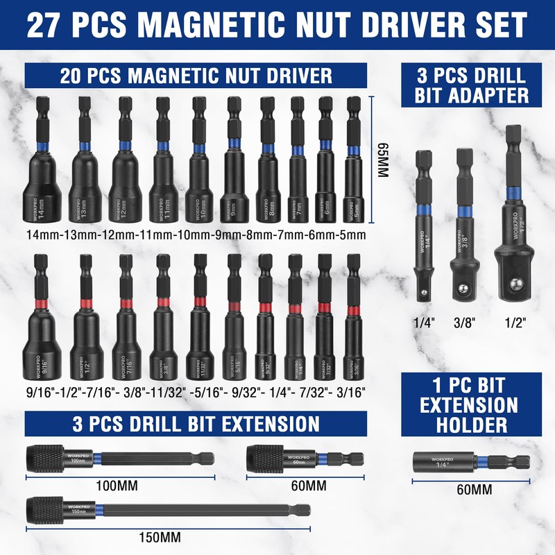 WORKPRO 27 PCS Magnetic Nut Driver Set, Impact Drill Driver