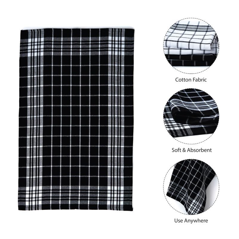 Encasa Checked Cotton Tea Towels Black Non-Terry Pack of 4,