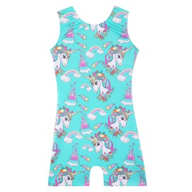Belovance Leotards for Girls Gymnastcis Dance Outfit 6-7 Kid Child Sleeveless Sparkle Green Castle Unicorn Biketard (Green Castle, 6-7 Years)