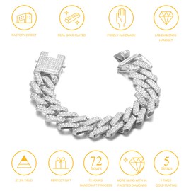 Halukakah Diamond Gold Chain for Men Iced Out, 20 mm Rhombus Lightning 18 K Real Gold Plated/Platinum White Gold Bracelet, Laboratory Diamonds Hand Inlaid, Gift for Him, Brass, No gemstone
