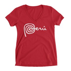 PeruCoUSA Marca Peru V-Neck T Shirt for Juniors — Peruvian Shirts — Camisetas Peruanas (Large, Red)