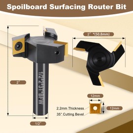 BFVV 3-Wing Slab Flattening CNC Router Bit 1/2" Shank, 2" Cutting Diameter, Carbide Insert Spoilboard Surfacing Bit with ATS Coating, cuts Soft & Hardwood, MDF, Acrylic for Woodworking