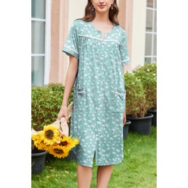 Ekouaer Nightgowns for Women House Dress with Pockets Button Down Sleepshirt Short Sleeve Nightshirt Housecoat Green Floral Medium