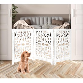 Lightnpro Wooden Pet Gate - Foldable Carved Dog Gate, Extra-Wide Freestanding Indoor Safety Barrier for Dogs & Cats, Perfect for Stairs, Hallways & Home Décor - 24x18 Inch Natural Burnt