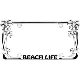 Beach Life Palm Tree Design Chrome Metal Auto License Plate Frame Car Tag Holder