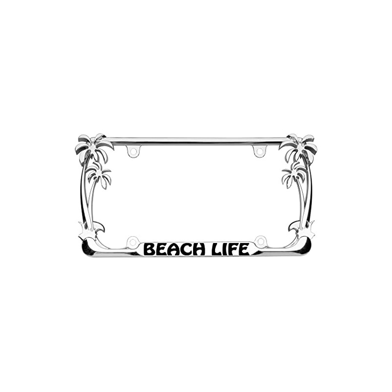 Beach Life Palm Tree Design Chrome Metal Auto License Plate
