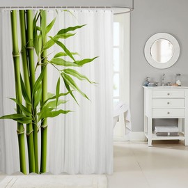 Feelyou Bamboo Pattern Fabric Shower Curtain Green White Shower Curtain for Teens Nature Plants Bathroom Waterproof Accessories with 12 Hooks Nutrue Theme Curtains,72x72 Inches