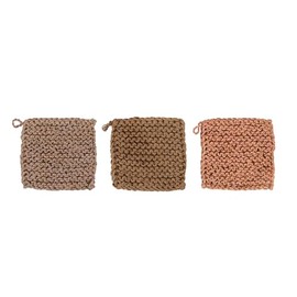 Bloomingville Square Jute Crocheted, 3 Colors Pot Holders, 8" L x 8" W x 0" H, Brown