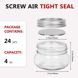BETROME 4 oz Mason Jars, 24 Pack 120ml Glass Canning Jars with Regular Mouth Lids, Glass Jars Storage Containers for Overnight Oats, Jam, Jelly,Honey, Beans, Spice, Wedding Party Favors, Shower Favors