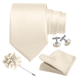 Champagne Tie for Men Wedding Solid Satin Silk Champagne Necktie Pocket Square Cufflinks and Lapel Pin Brooch Set